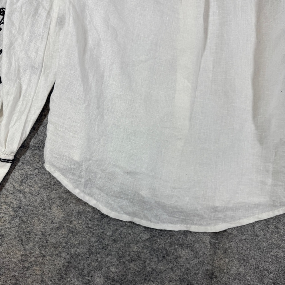 Club Monaco Linen Boho Blouse White XS Embroidered Sleeve Button Shirt Summer - Picture 14 of 16